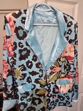 Light Blue Floral & Leopard Satin Blazer Jacket